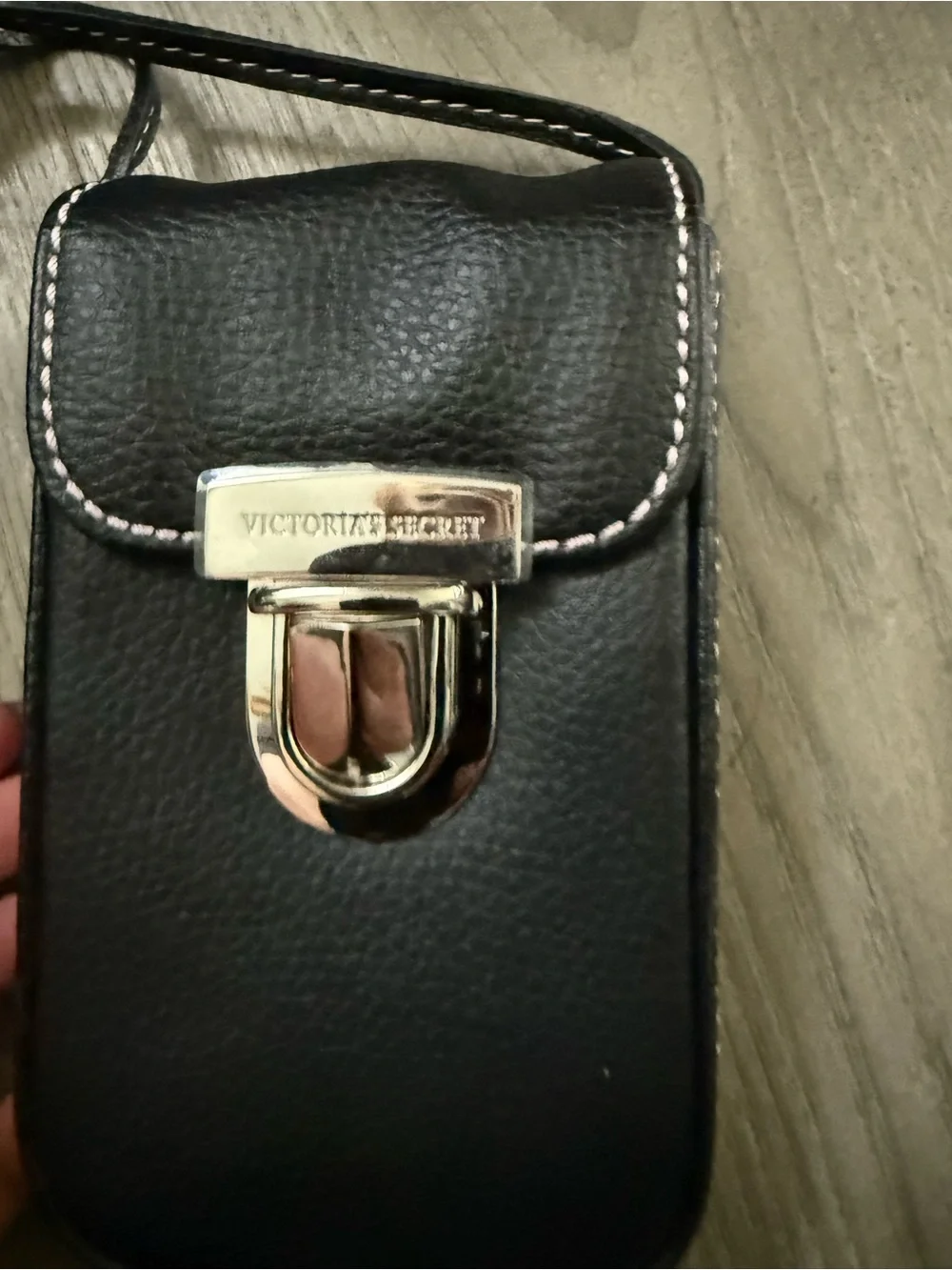 Victoria's Secret Black Leather Crossbody Phone Pouch with Silver Hardware